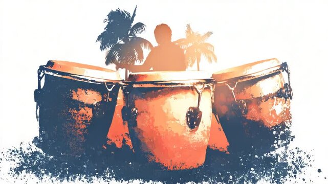Drummer playing congas on a tropical beach at sunset