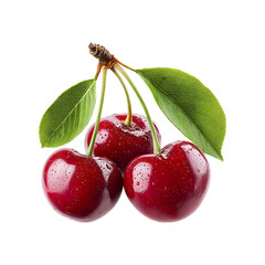 Fresh Red Cherry with Stem, Leaf, and Water Drops Isolated on Transparent Background.