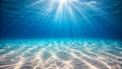 Naklejka premium Sunbeams Illuminate Sandy Ocean Floor, Underwater Scene