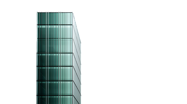 A corner view of a modern building with glass facade against black on transparent background png