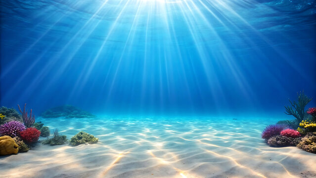 Underwater scene of vibrant coral reef on sandy ocean floor, sunbeams filtering through water - Powered by Adobe