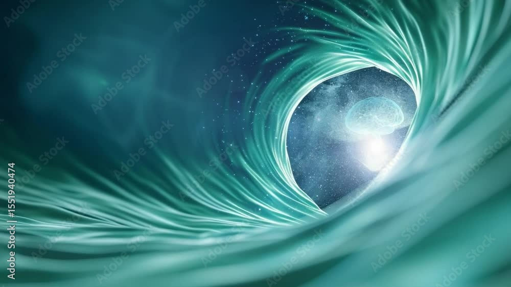 Poster Wavy Tunnel to the Light: A mesmerizing tunnel crafted from swirling, aquatic-like textures leads towards a radiant source of light. A concept about journey or reaching a target