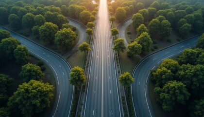 Aerial view of road diverging through green forest