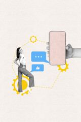 Pop image sketch 3d collage poster of happy girl stand phone screen gearwheel settings message...