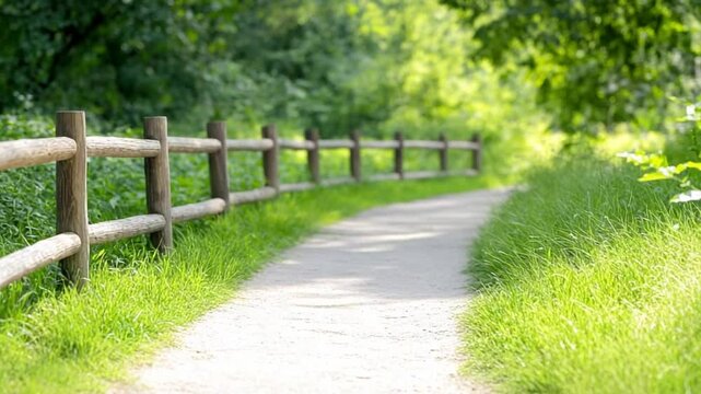 Pathway of Serenity: An inviting path weaves through a verdant landscape, framed by a rustic wooden fence, leading the viewer towards the sun-dappled horizon, embodying tranquility and escape.