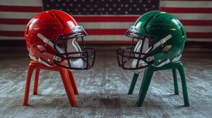 Two opposing American football helmets face off against a USA flag backdrop.