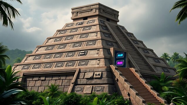 An anachronistic stone step pyramid stands in a tropical forest, its ancient facade contrasted by a vibrant, glowing digital doorway