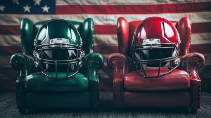 Two miniature football helmets in armchairs against an American flag backdrop.