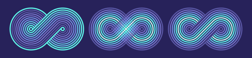 Abstract minimalist retro neon infinity geometric shapes, colorful vintage stripes background or logo, graphicc asset for creative cover with lines, curve, circle