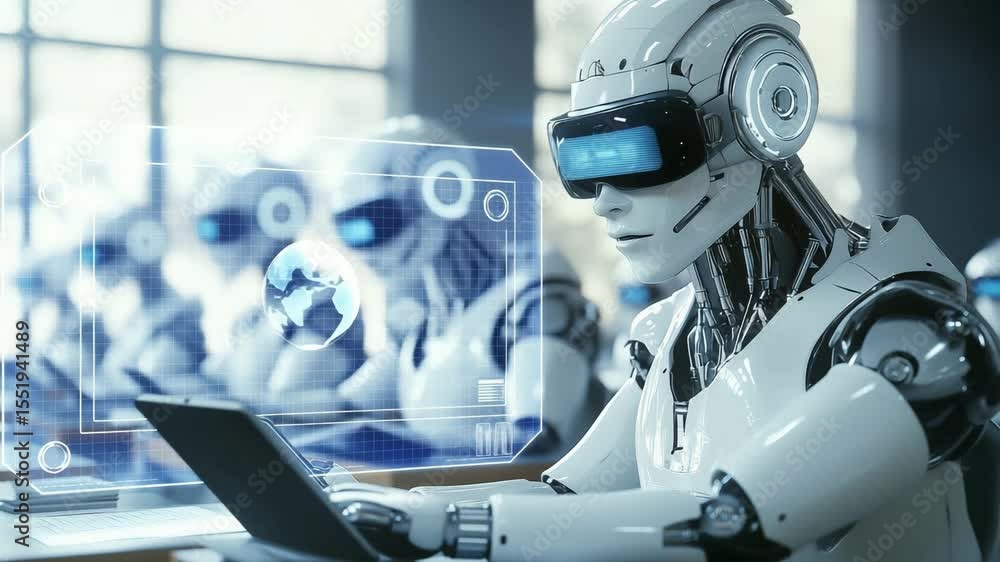 Aufkleber robots equipped with advanced technology perform tasks on laptops in a contemporary office setting d