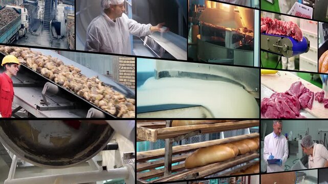 Food Industry - Split Screen Video. Food Manufacturing. Meat Processing Plant. Bread Factory. Dairy Product Manufacturing. Sugar Production in Sugar Refinery. Food Processing.