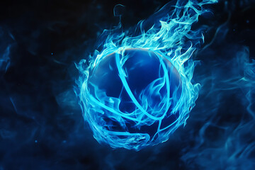 A glowing blue sphere surrounded by swirling flames in a dark cosmic background