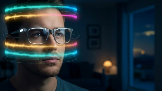 Man using smart glasses with glowing virtual interface showing data waves and eye tracking technology footage.