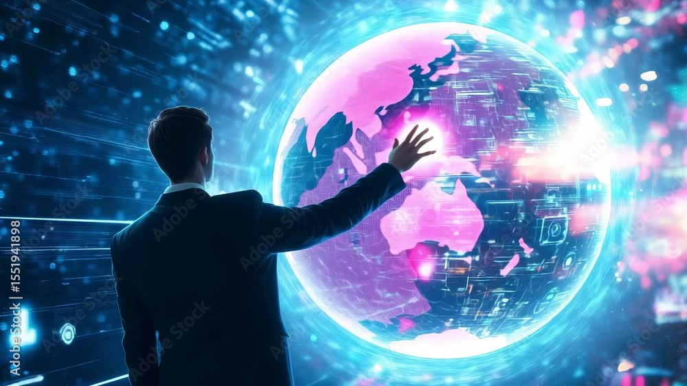 Poster a business professional engages with a digital globe displaying technology and data, set in a futuri