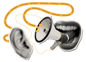 Female mouth screams in ear with halftone effect,halftone megaphone, cut out elements from magazine,scribbles