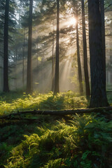 Obraz premium Forest Sunlight Rays Through Trees Woodland Nature Scene