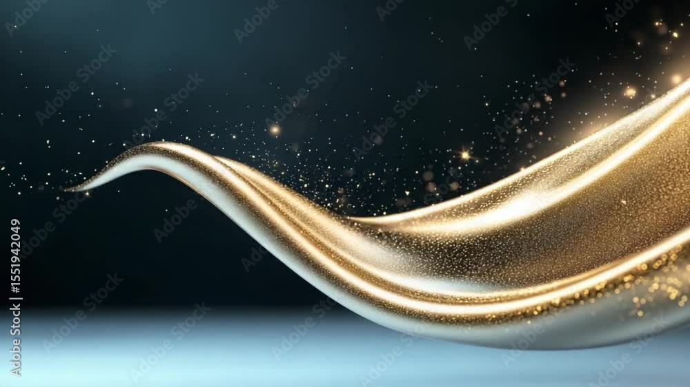 Poster golden fabric flow: a luxurious golden fabric gracefully flows against a dark backdrop, with glisten