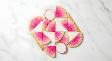 Arrangement Of Sliced Radishes Creating A Geometric Pattern On Marble Counter