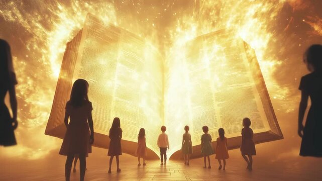 A group of children gathered around a luminous open book in a magical environment, illuminated by warm glows as they explore its pages