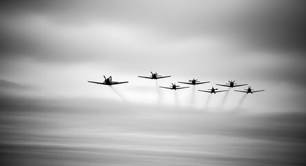 Monochrome Flight: Seven Planes in Formation, Contrails, Atmospheric Blur.