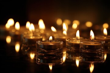 A group of lit tea light candles in clear glass holders on a dark reflective surface creating a warm glow