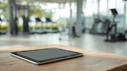 Tablet device on a wooden surface in a gym setting with blurred fitness equipment in the background