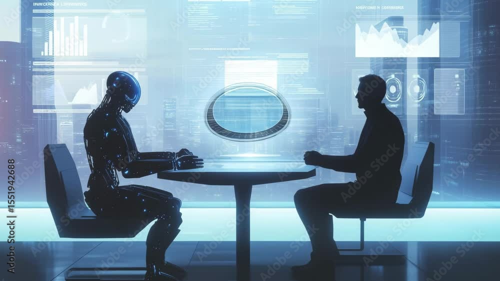 Poster a humanoid robot engages in a thoughtful exchange with a person in a high tech environment featuring