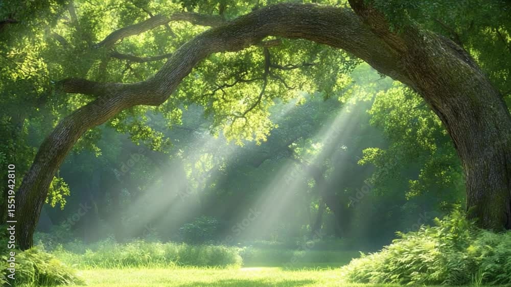 Poster Sunlit Forest Archway: Sunlight streams through an arching tree branch in a lush forest, creating a tranquil and captivating natural scene of light and shadow. 