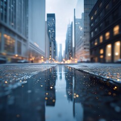 Rainwater streaming through a city drain, with distant stars peeking through skyscrapers. 