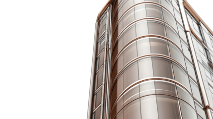 Angled view of a modern building with curved glass window facade on transparent background png