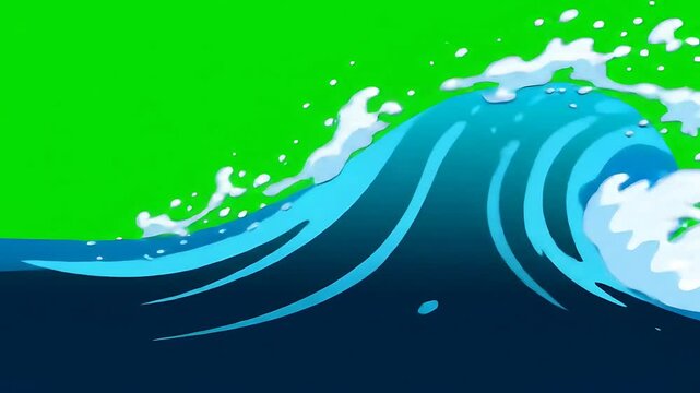 Abstract 2D blue ocean wave transition animation on green screen background, blue background