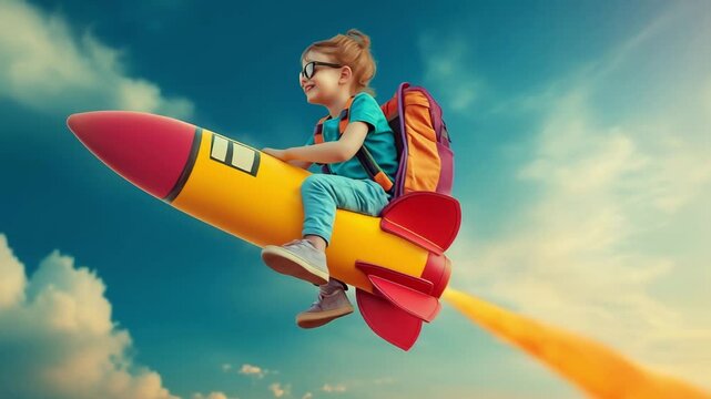 A child girl wearing sunglasses enjoys riding a cartoonish rocket while smiling in a vibrant sky during sunset