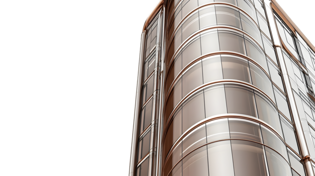 Angled view of a modern building with curved glass window facade on transparent background png