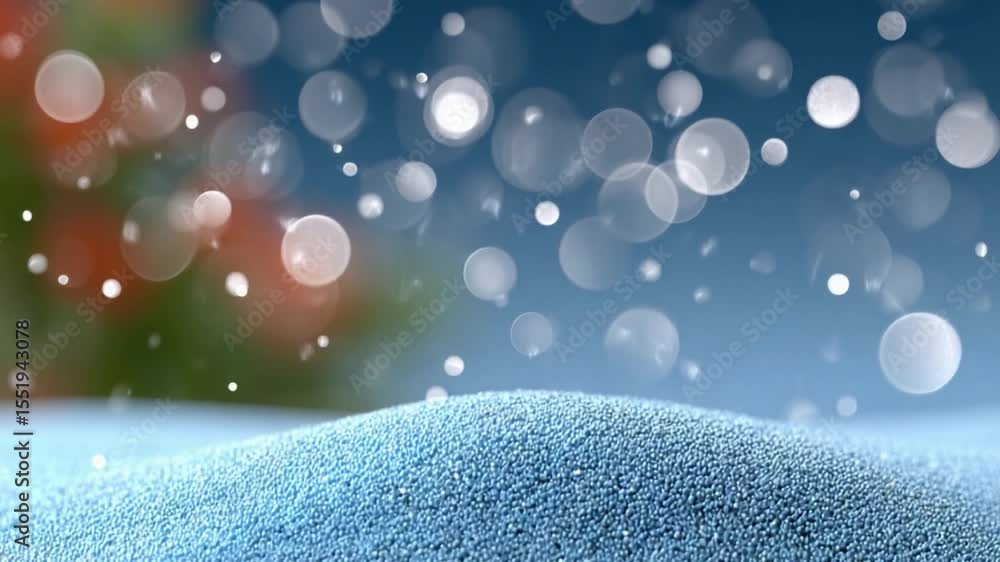 Poster Snowy Scene with Bokeh Effect: A serene winter scene with a softly blurred background, the foreground features a gentle snowdrift, illuminated by gentle bokeh light.