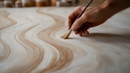 A hand softly brushing paint across a canvas, calm and deliberate strokes. A close-up of a hand skillfully painting elegant, flowing lines on a wooden surface, showcasing artistry and creativity.