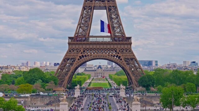 PARIS, FRANCE 25.05.2025: Panoramic view from Trocadero of Eiffel Tower. Timelapse