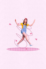 Graphics collage og person running looking lines dots on pink background