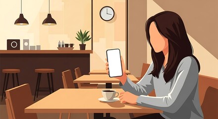 Woman Using Phone at Cafe Table with Coffee Cup