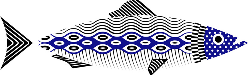 Geometric Portuguese sardine with bold folk ornament, vibrant colors and decorative pattern inspired by summer traditions