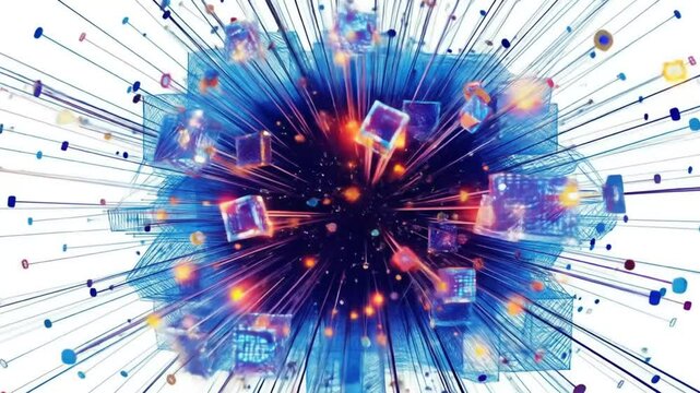 blue, orange exploded cube data network on white background. Technological structure, modern pattern with digital connections, information flow. 4k video