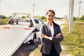 Female officer from car insurance company crossed her arms help take care damaged car and...
