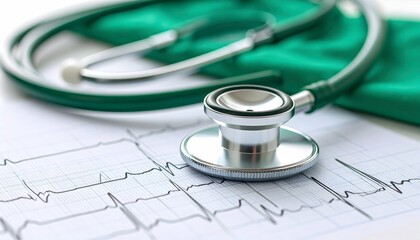 Medical Stethoscope on Ekg Chart with Green Scrubs Doctor Concept
