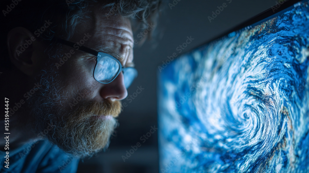 Poster man with beard and glasses intently watching a swirling blue image on a computer screen in the dark