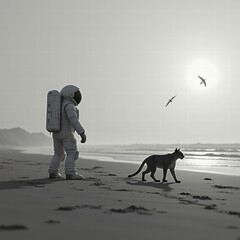An astronaut walks along a foggy beach with two large cats at his side and a bird flying above, against a dramatic backdrop of cliffs and crashing waves. Generative, AI,