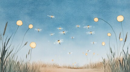 Fireflies glowing and drifting through a twilight field, sparkling trails of light. A peaceful landscape showing delicate flowers and glowing fireflies against a serene blue sky, evoking tranquility a