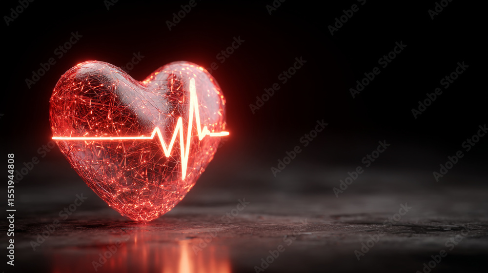 Poster a glowing red heart with a visible ekg line on a dark background with a reflective surface below it