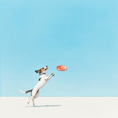 A dog jumping to catch a frisbee, frozen midleap against a bright blue sky. A playful dog leaps into the air to catch a frisbee against a clear blue sky, showcasing energy and joy in outdoor fun.