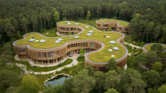 Aerial view of unique green roof building in lush forest environment