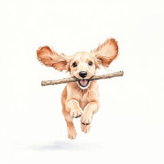 A puppy running with a stick in its mouth, ears flopping with excitement. A playful golden retriever puppy joyfully running with a stick, showcasing its energetic and lively spirit in a vibrant, posit