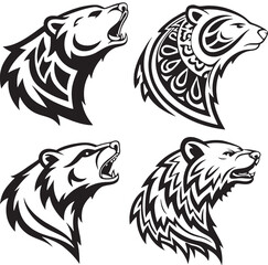 A full bundle of 4 tribal bear heads with different patterns and expressions—ideal for logo sets, tattoos, or native graphics.